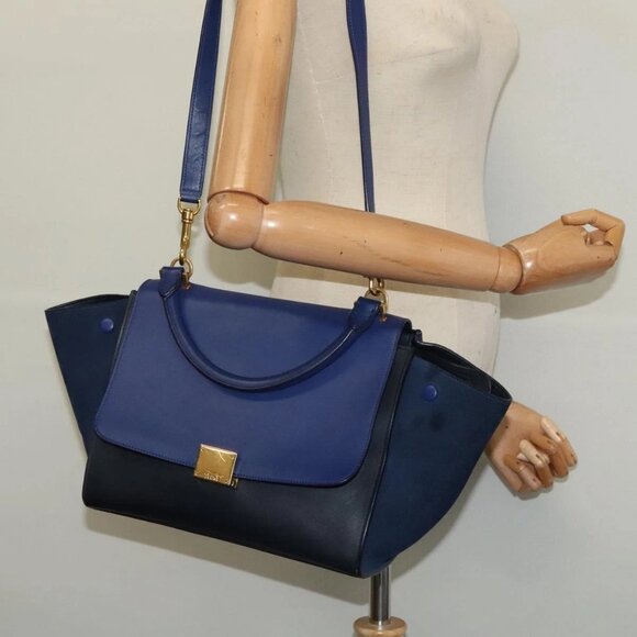 CELINE Trapeze Hand Bag Suede Leather 2way Blue Gold Auth - Picture 1 of 16
